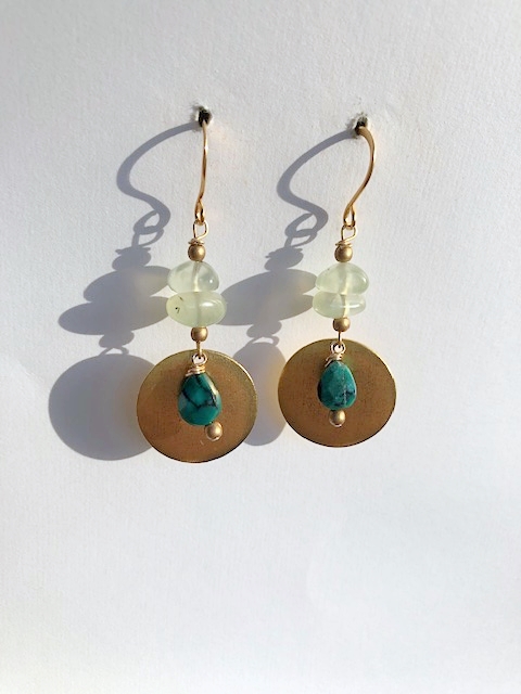 A Gold Disc, Prehnite, Turquoise Earring